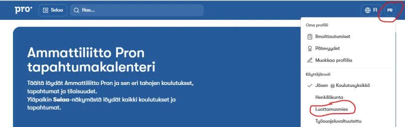 Sinisävyinen verkkosivu, oikeassa yläkulmassa käyttäjävalikko avattuna.