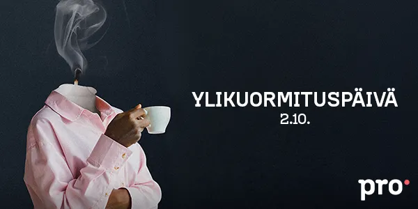 Henkilö ilman päätä, höyryä nousee kauluksesta, pitää kahvikuppia.