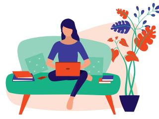 Kuvituksessa nuori nainen istuu sohvalla kannettavan tietokoneen kanssa.