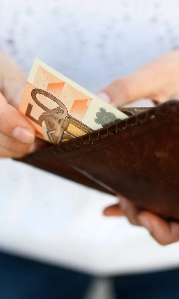 Nainen laittaa seteleitä lompakkoon, raha ja talous
